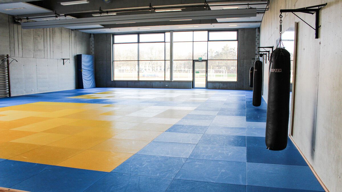 Innenansicht der Budohalle mit Matten und Boxsäcken.